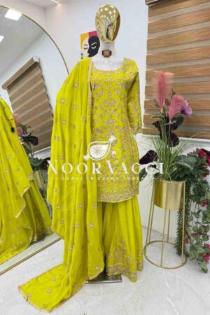 Shop Chinon Silk Embroidered Sharara Plazo Set with Dupatta