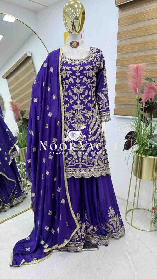 Chinon Silk Embroidered Sharara Plazo Set with Dupatta - Image 2