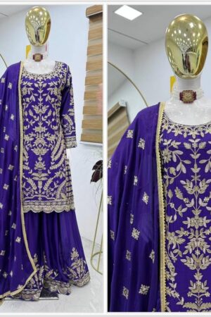 Shop Chinon Silk Embroidered Sharara Plazo Set with Dupatta