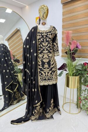Buy Chinon Silk Embroidered Sharara Plazo Set with Dupatta