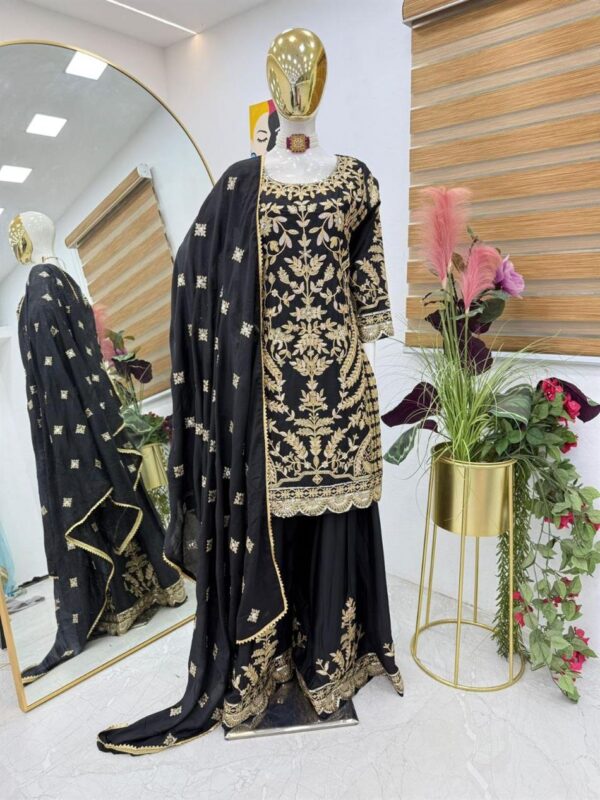 Buy Chinon Silk Embroidered Sharara Plazo Set with Dupatta