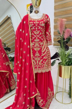 Shop Chinon Silk Embroidered Sharara Plazo Set with Dupatta