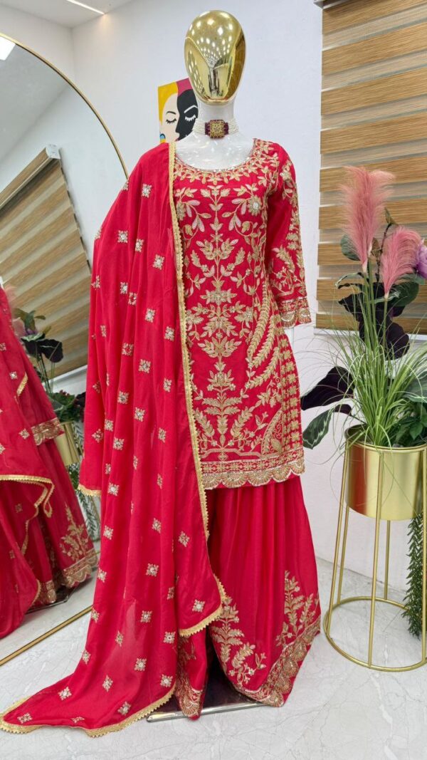 Shop Chinon Silk Embroidered Sharara Plazo Set with Dupatta