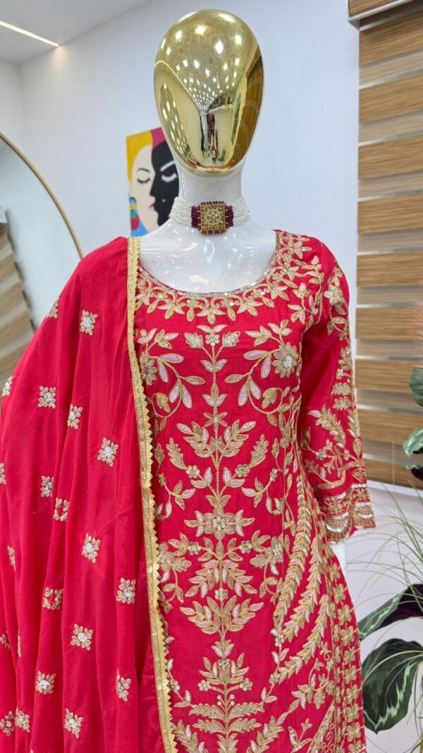 Shop Chinon Silk Embroidered Sharara Plazo Set with Dupatta - Image 2