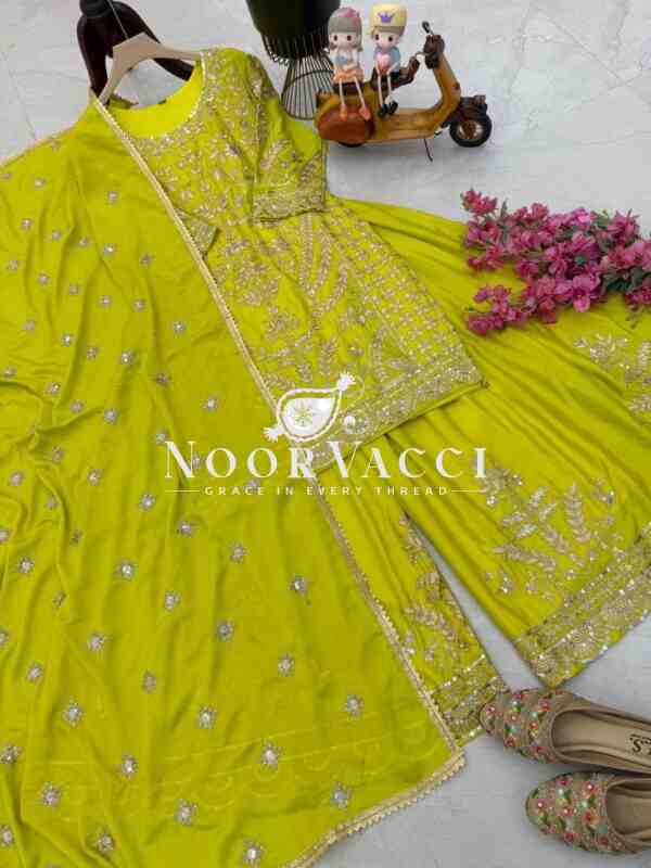 Chinon Silk Embroidered Sharara Plazo Set with Dupatta - Image 3