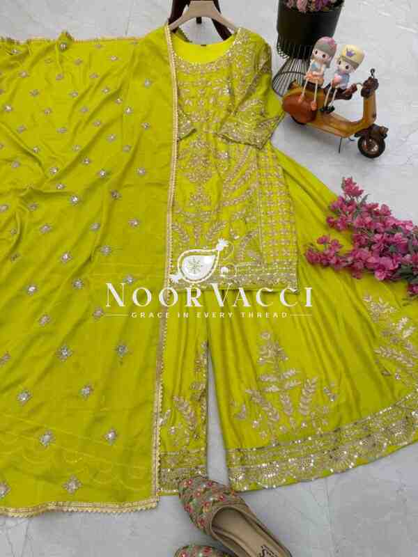 Chinon Silk Embroidered Sharara Plazo Set with Dupatta - Image 4