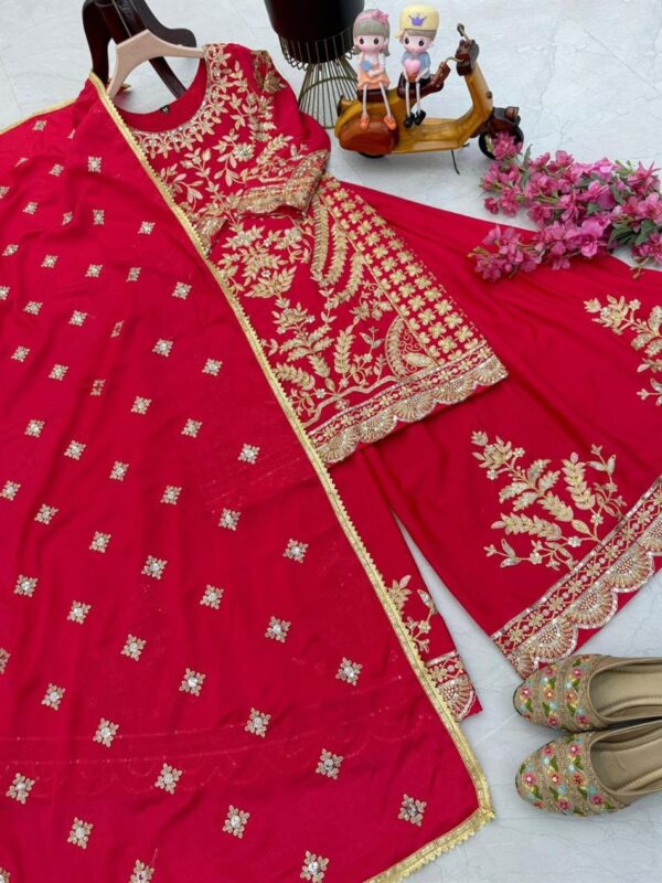 Shop Chinon Silk Embroidered Sharara Plazo Set with Dupatta - Image 3