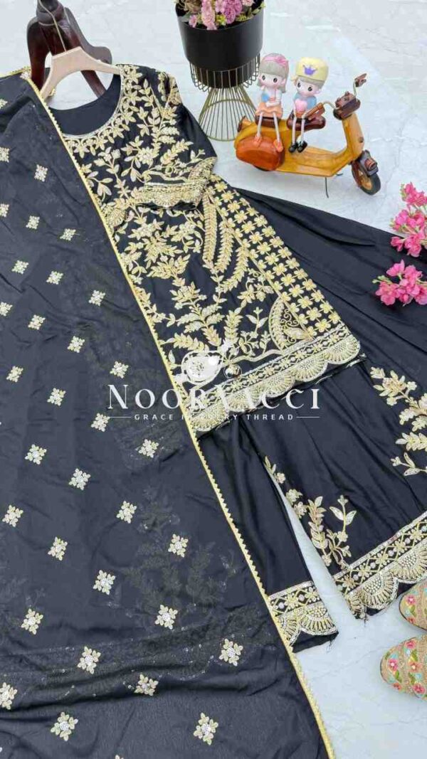 Buy Chinon Silk Embroidered Sharara Plazo Set with Dupatta - Image 3