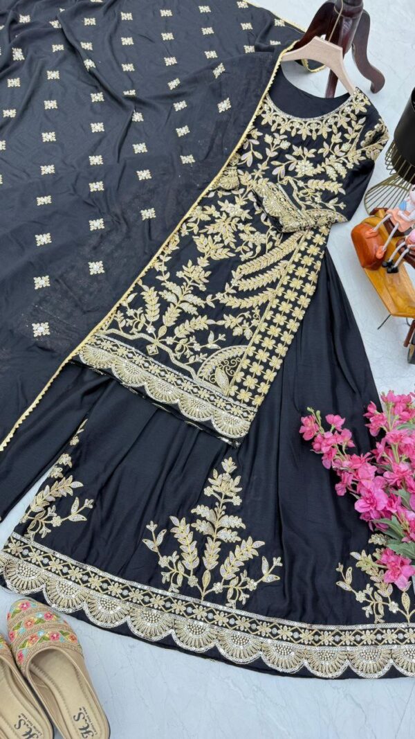 Buy Chinon Silk Embroidered Sharara Plazo Set with Dupatta - Image 4
