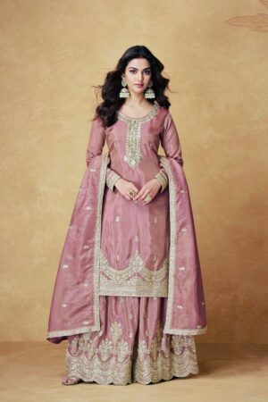 Shop Chinon Silk Embroidered Top with Palazzo & Dupatta – Partywear Set