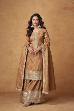 Buy Chinon Silk Embroidered Top with Palazzo & Dupatta – Partywear Set
