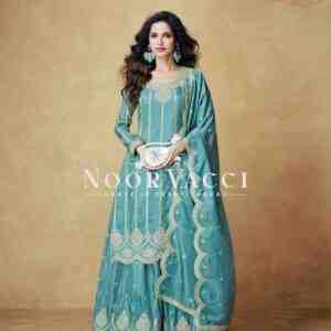 Chinon Silk Embroidered Top with Palazzo & Dupatta – Partywear Set