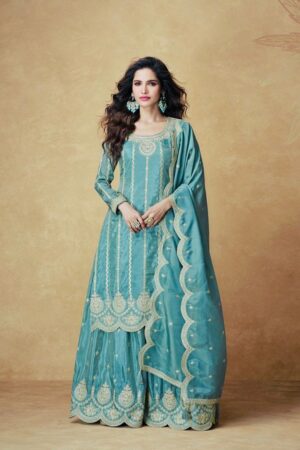 Shop Chinon Silk Embroidered Top with Palazzo & Dupatta – Partywear Set