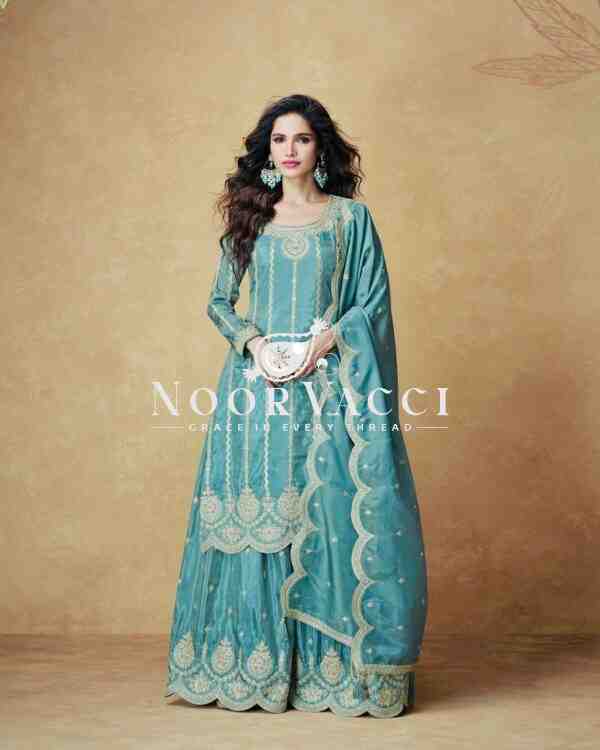 Chinon Silk Embroidered Top with Palazzo & Dupatta – Partywear Set