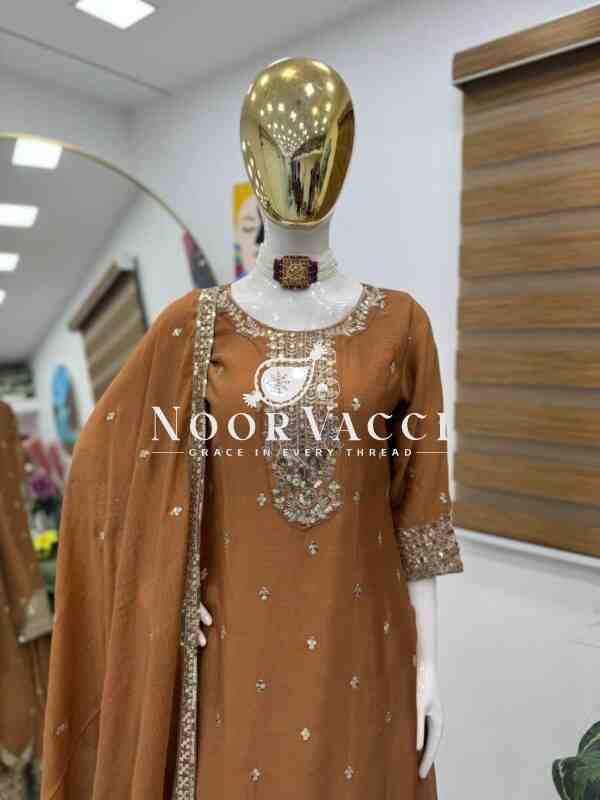 Chinon Silk Embroidered Top with Palazzo & Dupatta – Partywear Set - Image 3