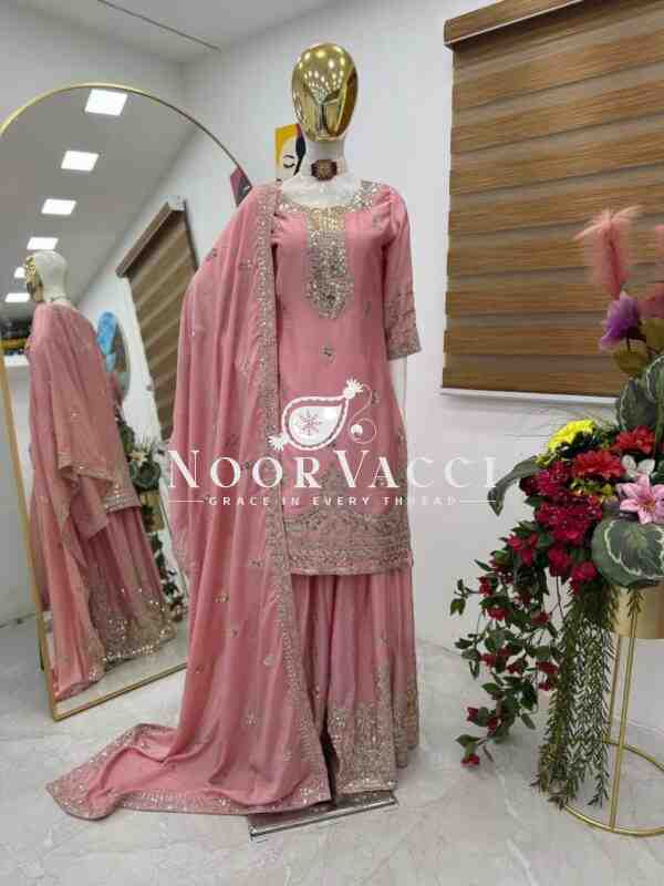 Chinon Silk Embroidered Top with Palazzo & Dupatta – Partywear Set - Image 2