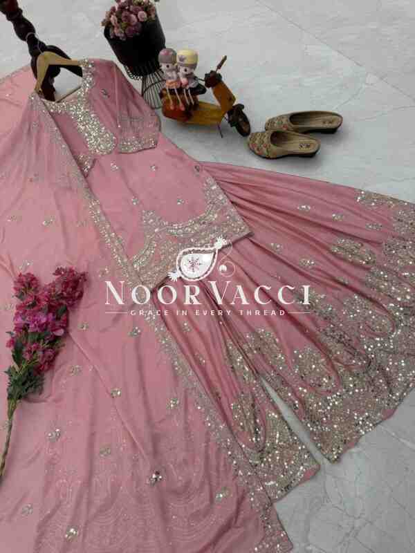 Chinon Silk Embroidered Top with Palazzo & Dupatta – Partywear Set - Image 4