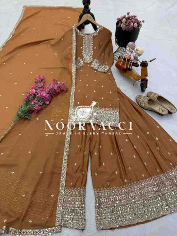 Chinon Silk Embroidered Top with Palazzo & Dupatta – Partywear Set - Image 5