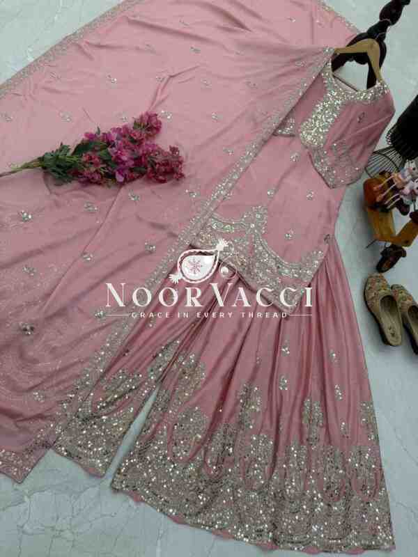 Chinon Silk Embroidered Top with Palazzo & Dupatta – Partywear Set - Image 6