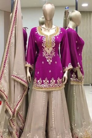 Buy Faux Georgette Embroidered Sharara Set with Dupatta – Elegant Partywear