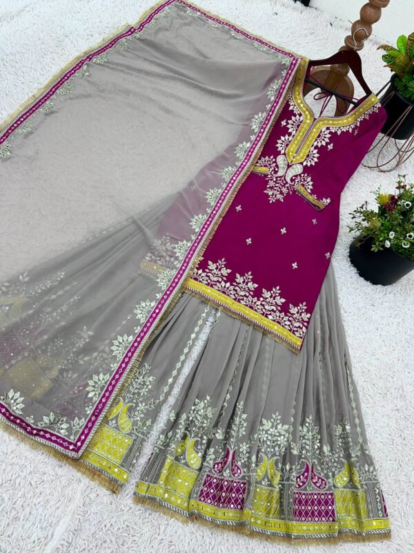 Buy Faux Georgette Embroidered Sharara Set with Dupatta – Elegant Partywear - Image 3