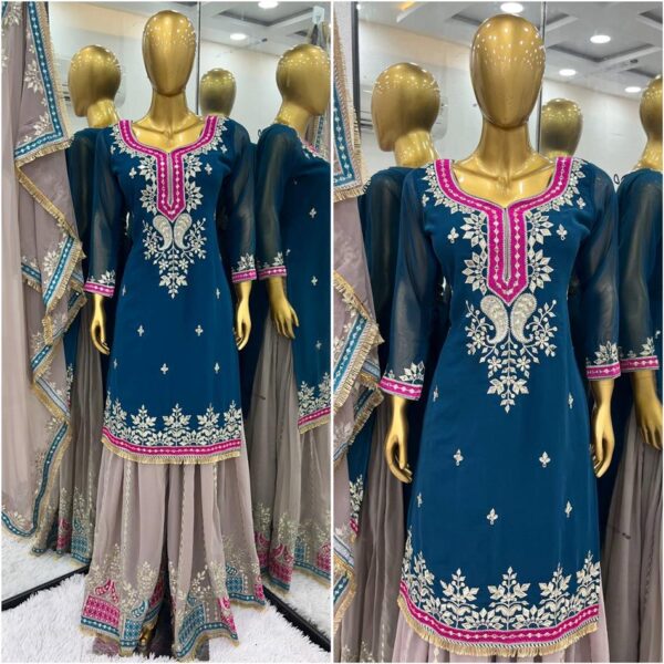 Buy Faux Georgette Embroidered Sharara Set with Dupatta – Elegant Partywear