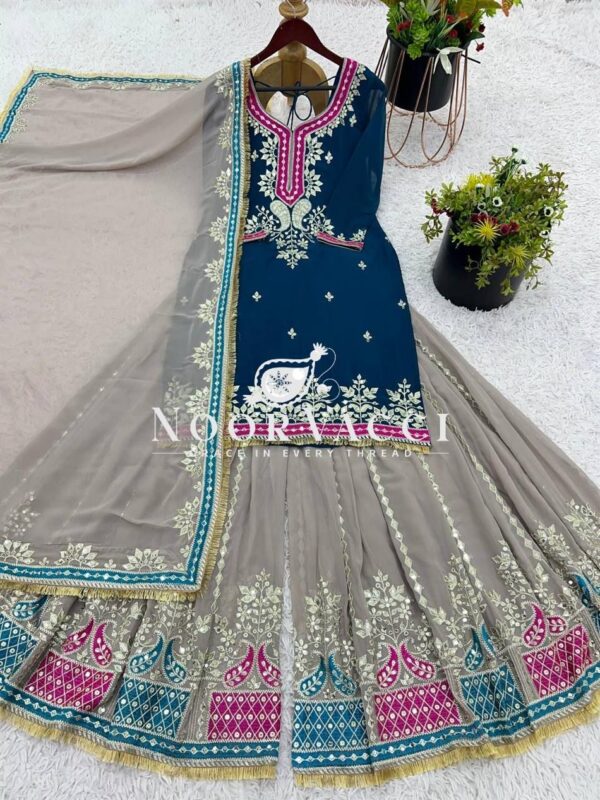 Buy Faux Georgette Embroidered Sharara Set with Dupatta – Elegant Partywear - Image 3