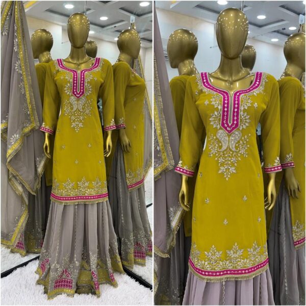 Buy Faux Georgette Embroidered Sharara Set with Dupatta – Elegant Partywear