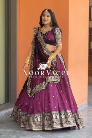 Buy Chinon Silk Full-Stitched Lehenga with Thread & Sequin Work