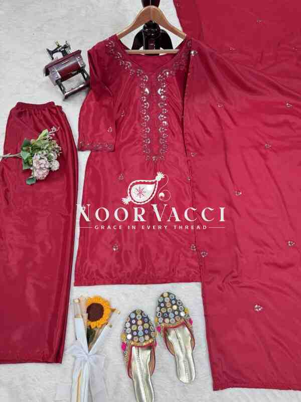 Chinon Silk Embroidered Salwar Suit with Dupatta - Image 9
