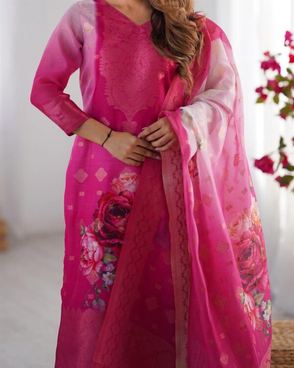 Shop Chanderi Silk Top with Micro Pent and Jacquard Printed Dupatta Set - Image 3