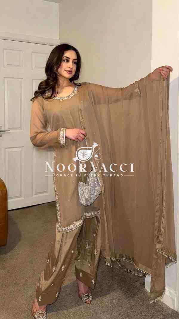 Faux Georgette Embroidered Farshi Plazzo Set with Dupatta – Ready to Wear - Image 4