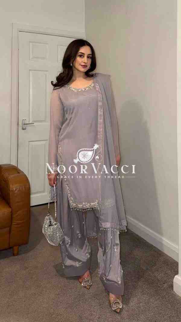 Faux Georgette Embroidered Farshi Plazzo Set with Dupatta – Ready to Wear - Image 2
