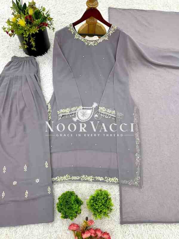Faux Georgette Embroidered Farshi Plazzo Set with Dupatta – Ready to Wear - Image 4