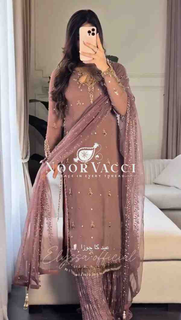 Faux Georgette Embroidered Sequence Plazzo Set with Dupatta – Ready to Wear - Image 3