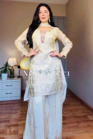 Shop Chinon Silk Embroidered Top with Designer Pallazo & Dupatta Set