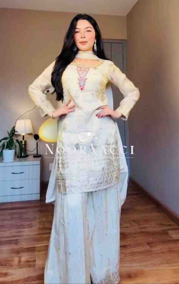 Chinon Silk Embroidered Top with Pallazo & Dupatta – Designer Party Set