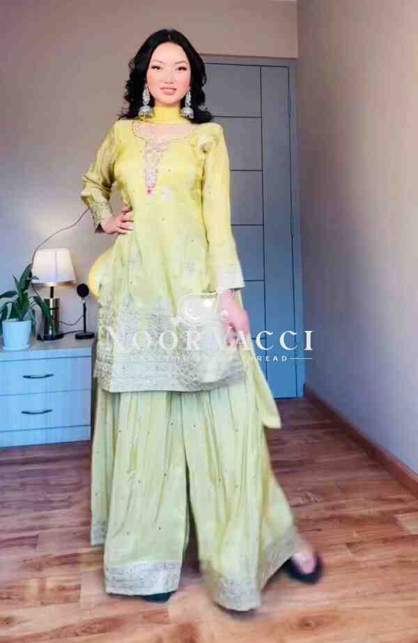 Chinon Silk Embroidered Top with Pallazo & Dupatta – Designer Party Set