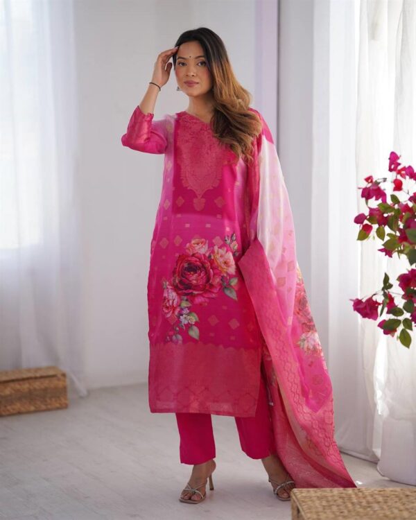 Shop Chanderi Silk Top with Micro Pent and Jacquard Printed Dupatta Set