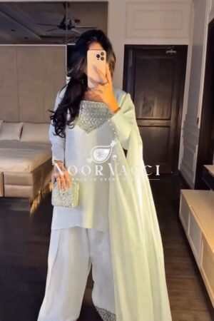 Buy Chinon Silk Embroidered Plazo Suit with Dupatta