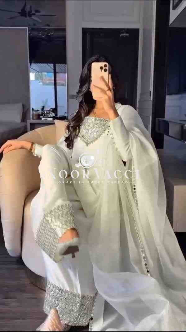 Chinon Silk Embroidered Plazo Suit with Dupatta - Image 2