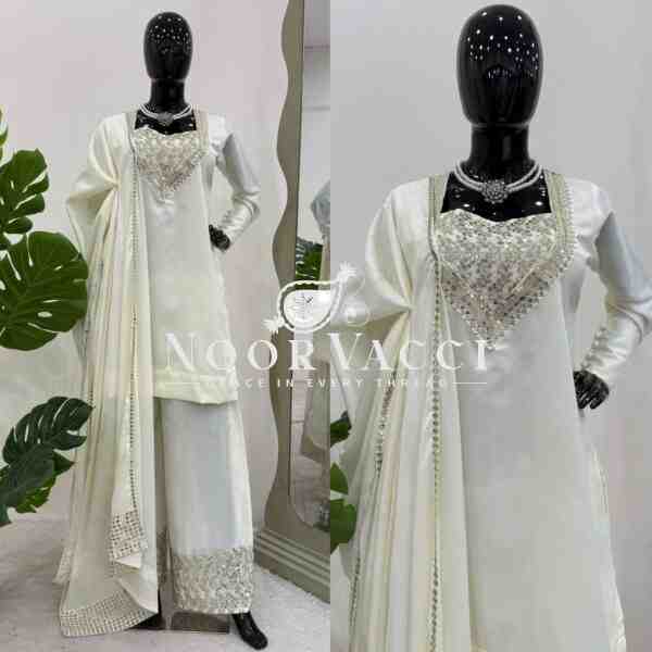 Chinon Silk Embroidered Plazo Suit with Dupatta - Image 5