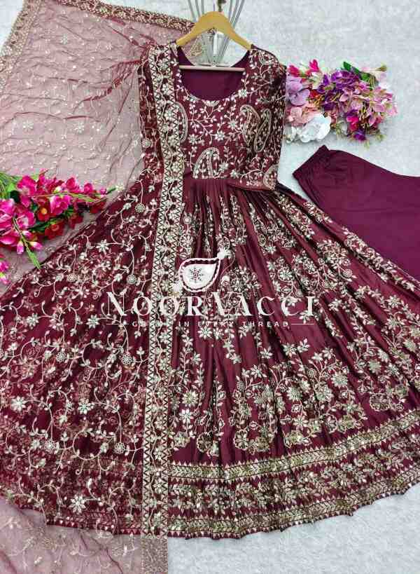 Heavy Chinon Silk Embroidered Gown with Pent and Dupatta Set Fully Stitched Ready To Wear - Image 3