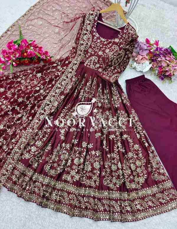 Heavy Chinon Silk Embroidered Gown with Pent and Dupatta Set Fully Stitched Ready To Wear - Image 2