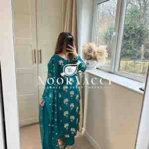 Elegant Chinon Long Top, Pant & Dupatta Set with 5mm Sequence & Moti Latkan Work