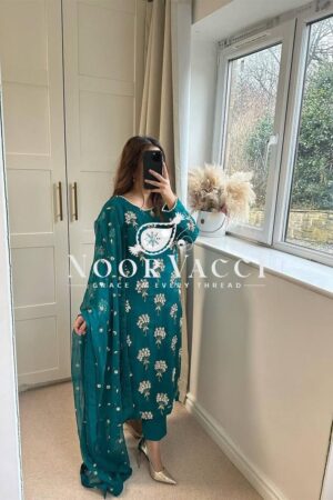 Shop Elegant Chinon Long Top, Pant & Dupatta Set with 5mm Sequence & Moti Latkan Work