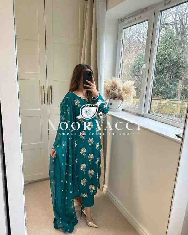 Elegant Chinon Long Top, Pant & Dupatta Set with 5mm Sequence & Moti Latkan Work