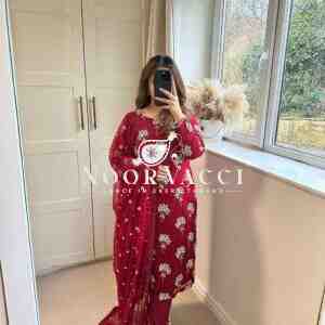 Elegant  Chinon Long Top, Pant & Dupatta Set with 5mm Sequence & Moti Latkan Work
