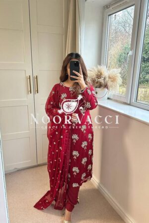 Buy Elegant  Chinon Long Top, Pant & Dupatta Set with 5mm Sequence & Moti Latkan Work
