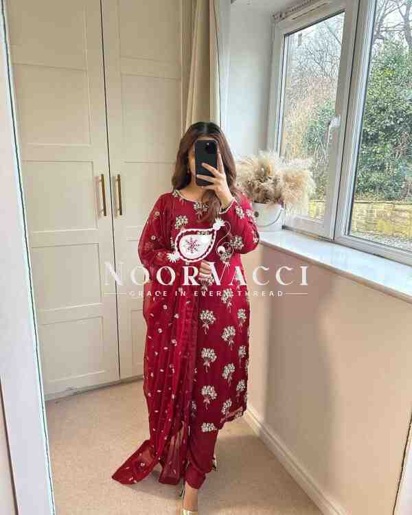 Elegant  Chinon Long Top, Pant & Dupatta Set with 5mm Sequence & Moti Latkan Work